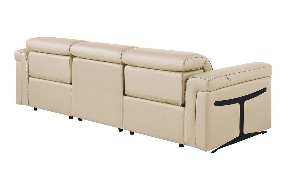 100" Beige Top Grain Leather Reclining Metal USB Sofa