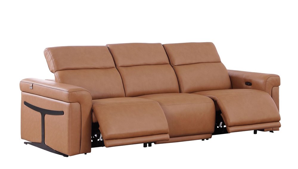 100" Beige Top Grain Leather Reclining Metal USB Sofa