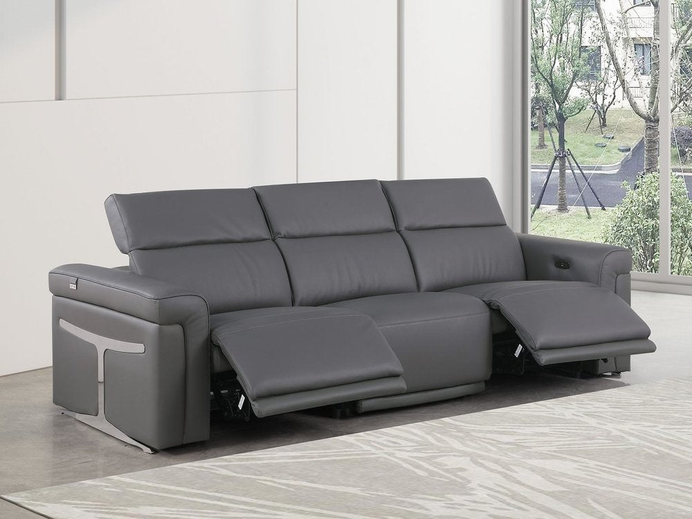100" Beige Top Grain Leather Reclining Metal USB Sofa