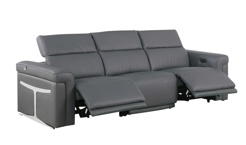100" Beige Top Grain Leather Reclining Metal USB Sofa