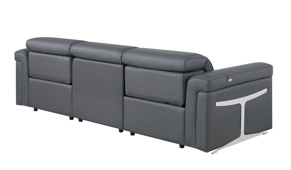 100" Beige Top Grain Leather Reclining Metal USB Sofa