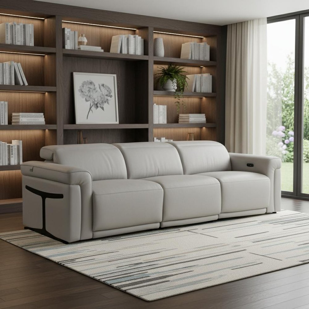 100" Beige Top Grain Leather Reclining Metal USB Sofa