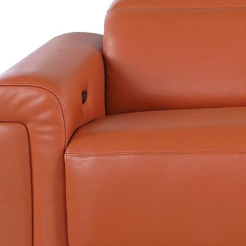 100" Beige Top Grain Leather Reclining Metal USB Sofa