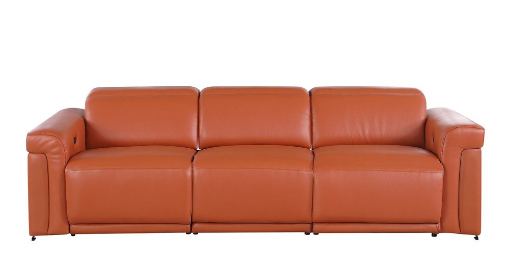 100" Beige Top Grain Leather Reclining Metal USB Sofa