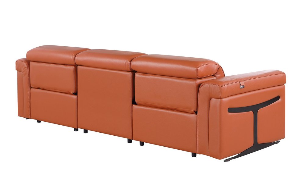 100" Beige Top Grain Leather Reclining Metal USB Sofa
