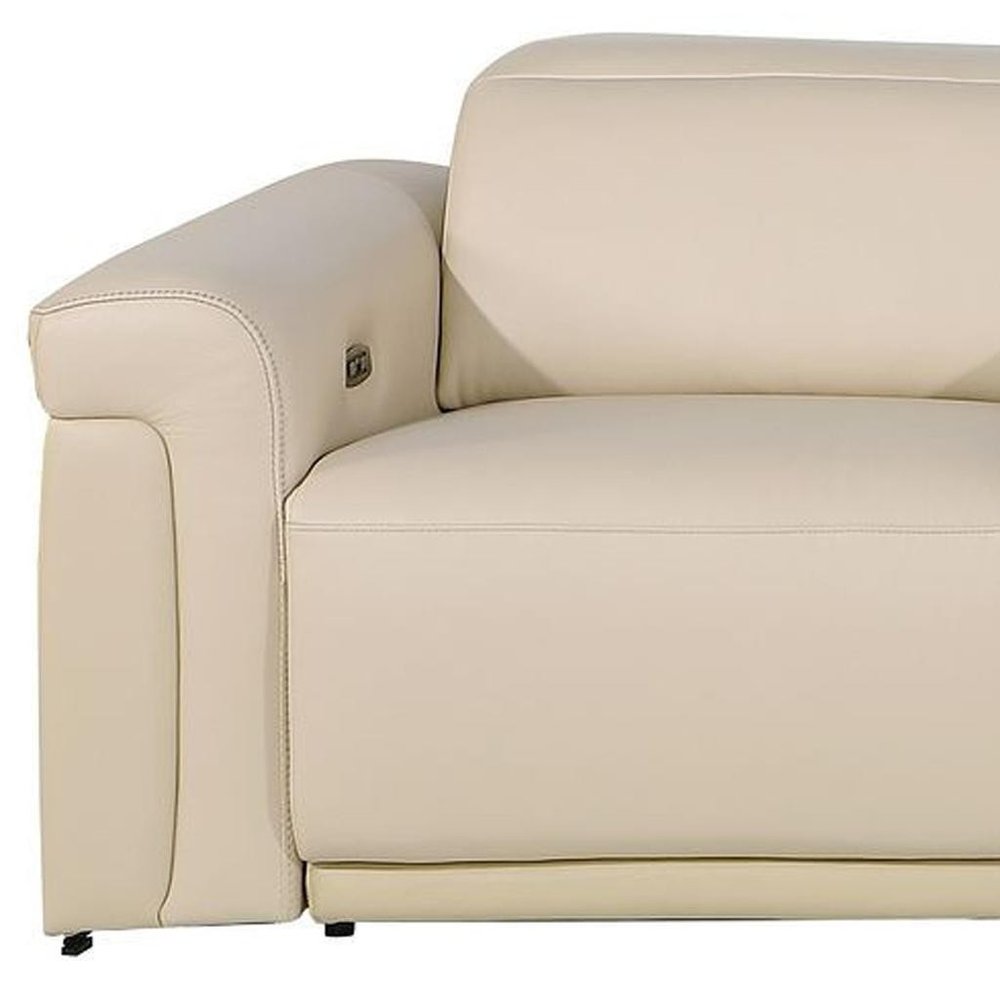 126" Beige Top Grain Leather Reclining Metal USB Sofa