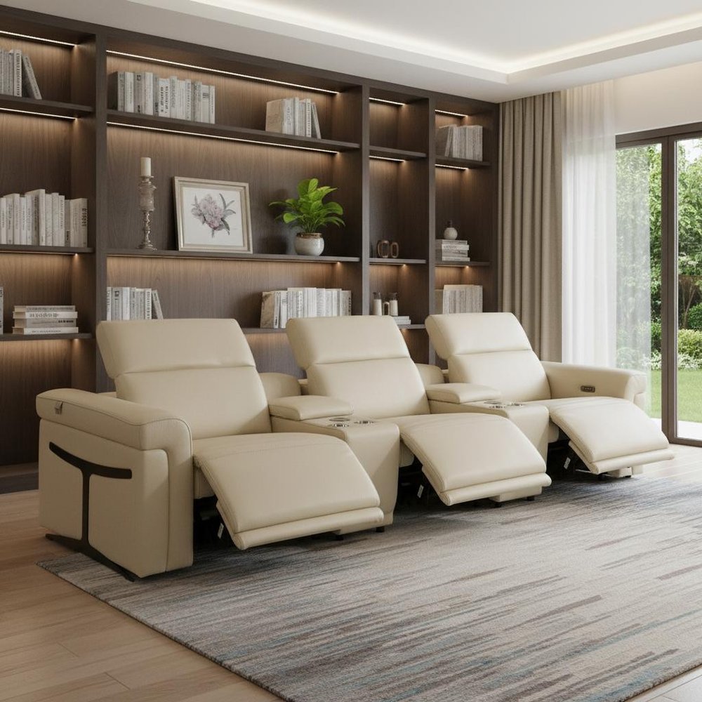 126" Beige Top Grain Leather Reclining Metal USB Sofa