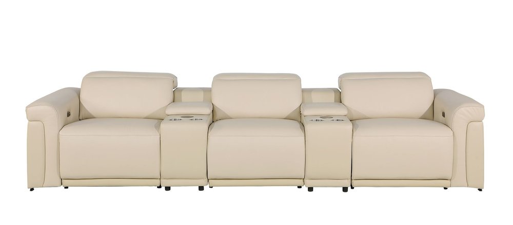 126" Beige Top Grain Leather Reclining Metal USB Sofa