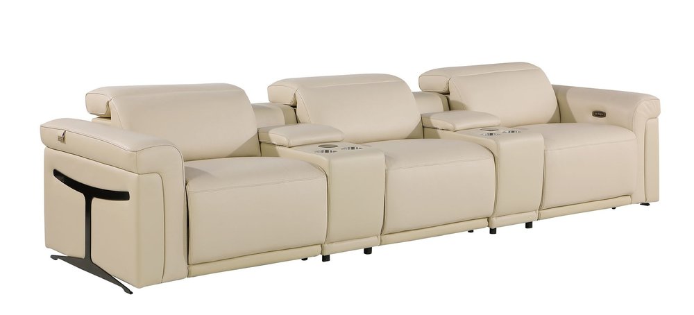 126" Beige Top Grain Leather Reclining Metal USB Sofa