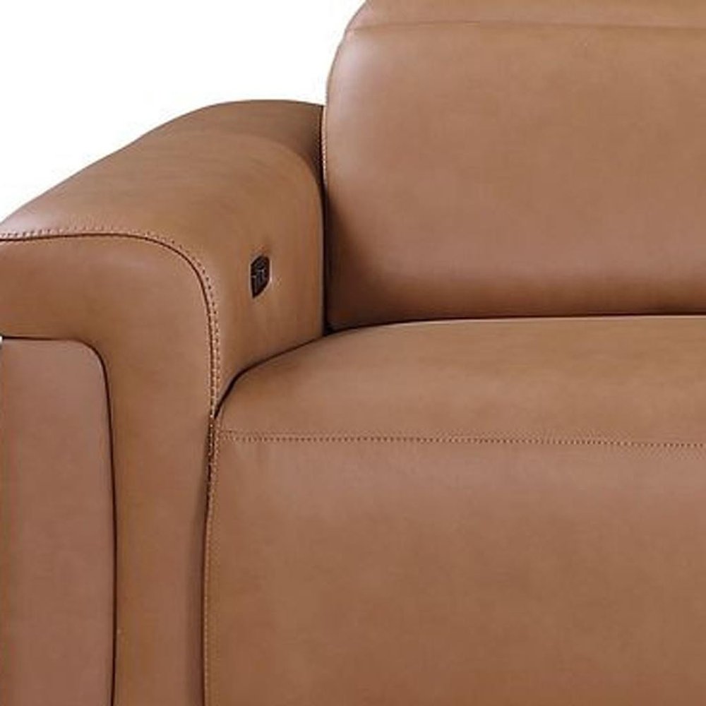 126" Beige Top Grain Leather Reclining Metal USB Sofa