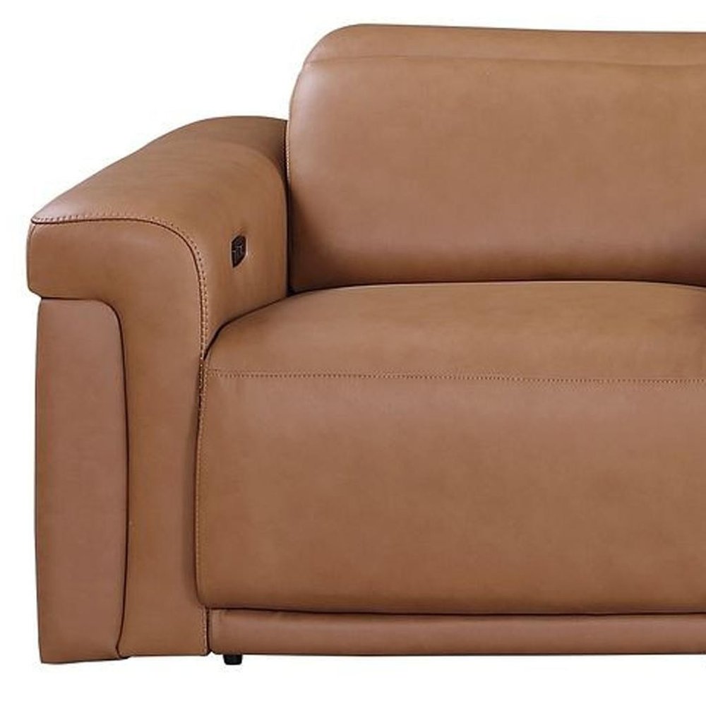 126" Beige Top Grain Leather Reclining Metal USB Sofa