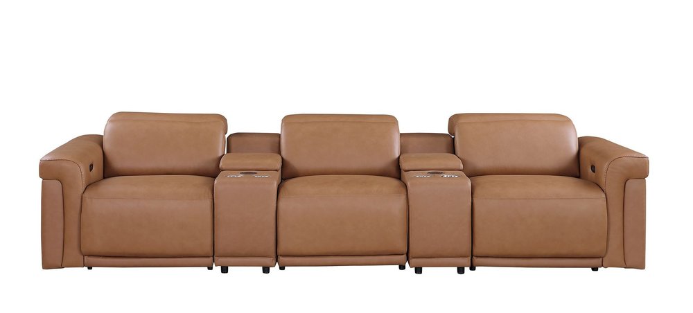 126" Beige Top Grain Leather Reclining Metal USB Sofa