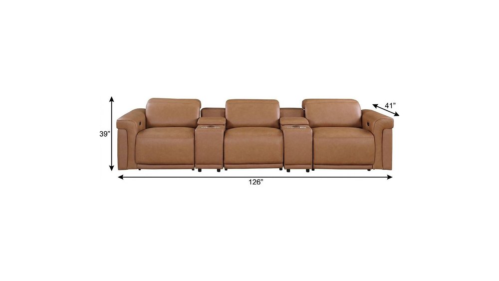 126" Beige Top Grain Leather Reclining Metal USB Sofa