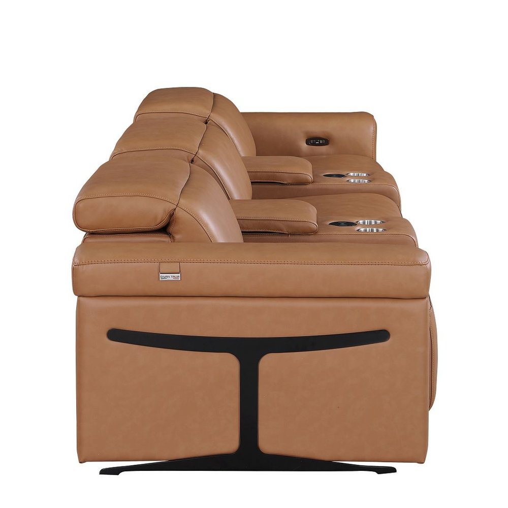 126" Beige Top Grain Leather Reclining Metal USB Sofa