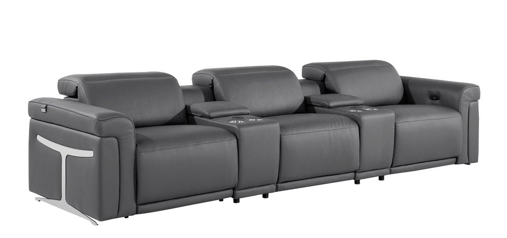 126" Beige Top Grain Leather Reclining Metal USB Sofa