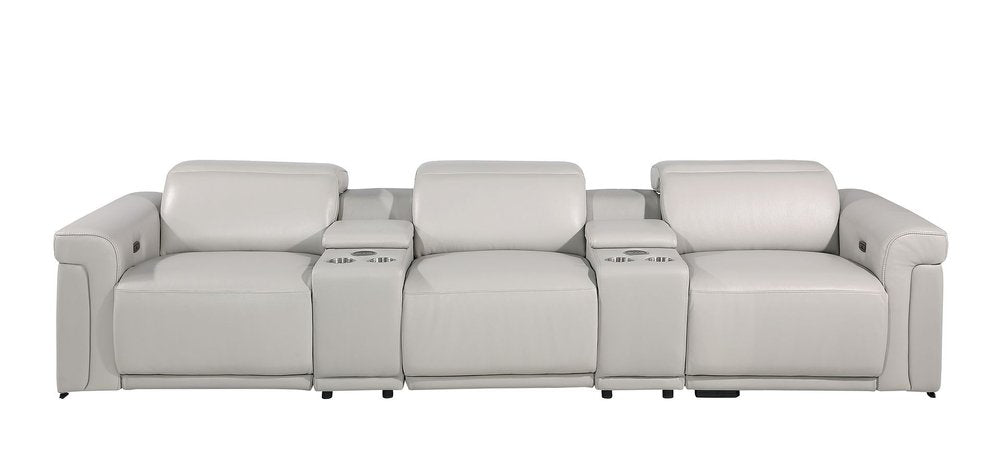 126" Beige Top Grain Leather Reclining Metal USB Sofa