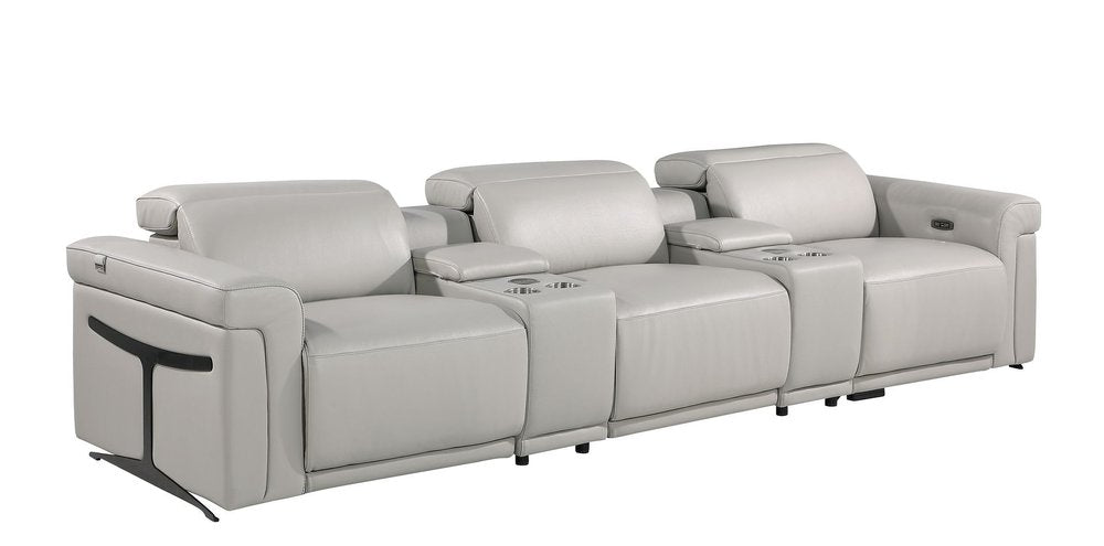 126" Beige Top Grain Leather Reclining Metal USB Sofa