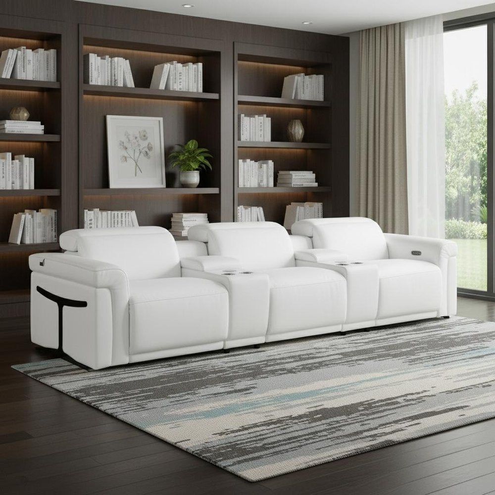 126" Beige Top Grain Leather Reclining Metal USB Sofa