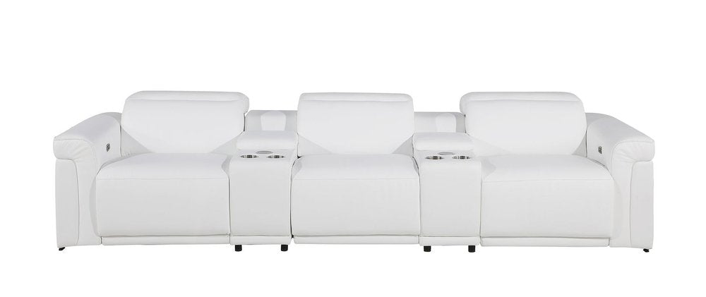 126" Beige Top Grain Leather Reclining Metal USB Sofa