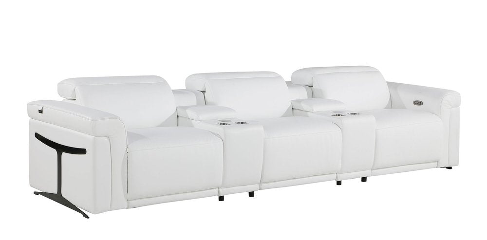 126" Beige Top Grain Leather Reclining Metal USB Sofa