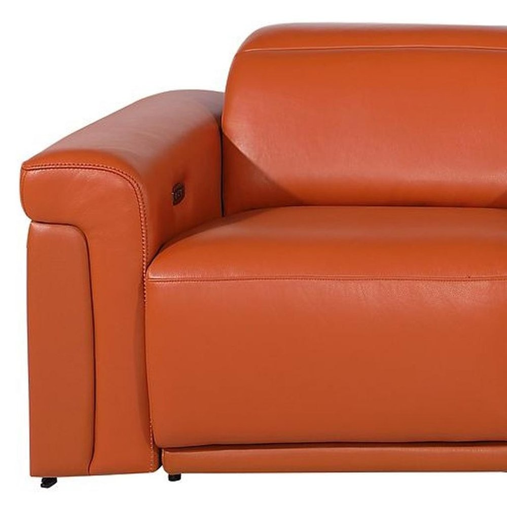 126" Beige Top Grain Leather Reclining Metal USB Sofa