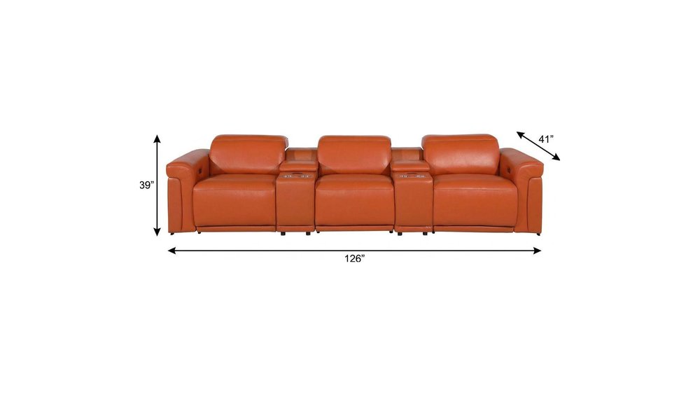 126" Beige Top Grain Leather Reclining Metal USB Sofa