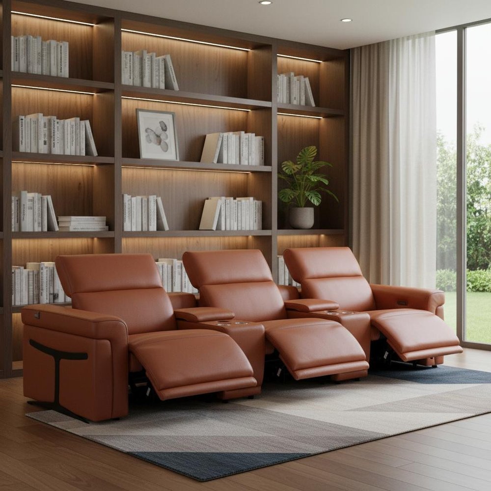 126" Beige Top Grain Leather Reclining Metal USB Sofa