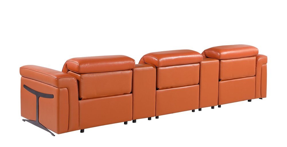 126" Beige Top Grain Leather Reclining Metal USB Sofa