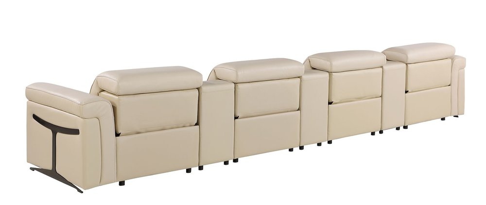 166" Beige Top Grain Leather Reclining Metal USB Sofa
