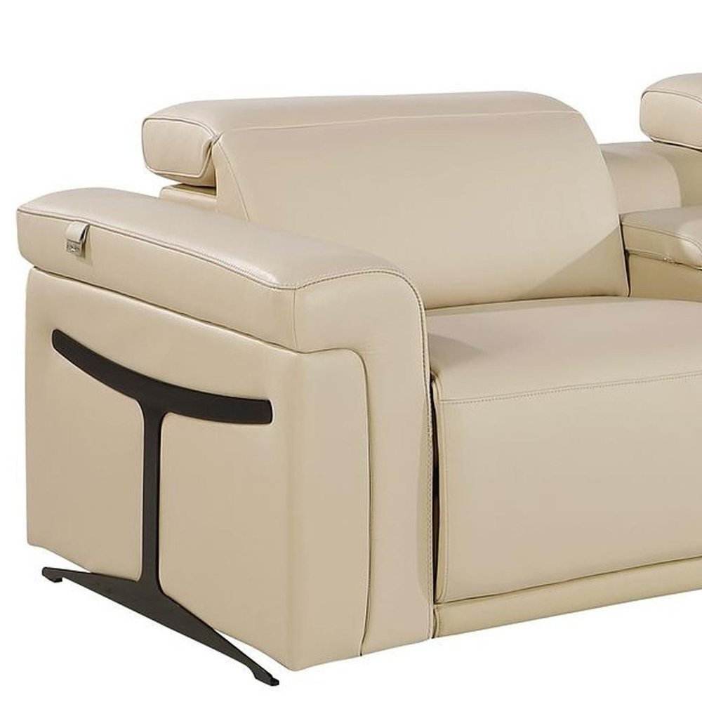 166" Beige Top Grain Leather Reclining Metal USB Sofa