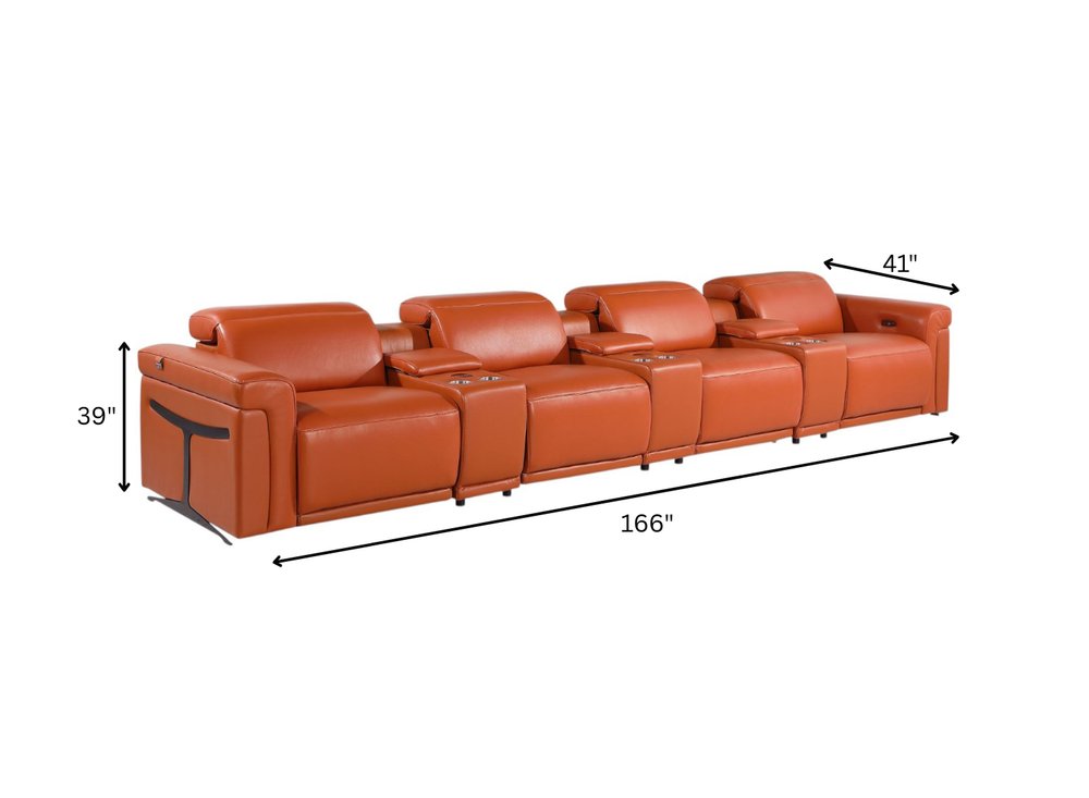 166" Beige Top Grain Leather Reclining Metal USB Sofa