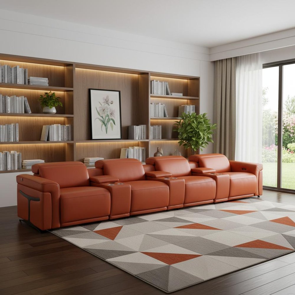 166" Beige Top Grain Leather Reclining Metal USB Sofa