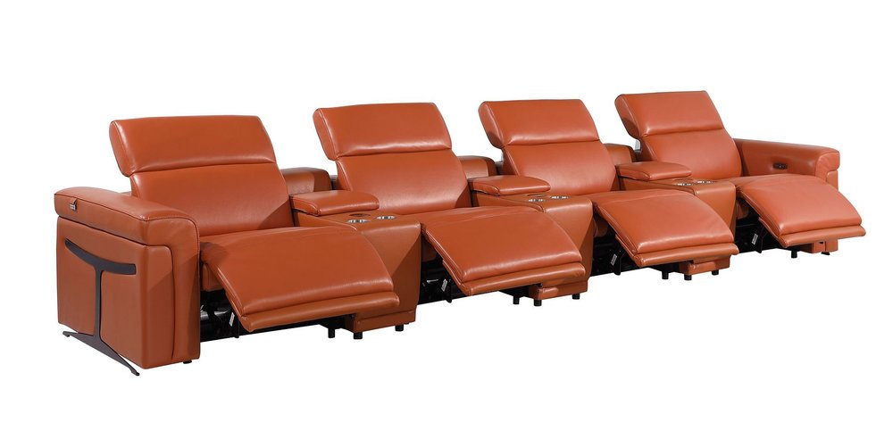 166" Beige Top Grain Leather Reclining Metal USB Sofa