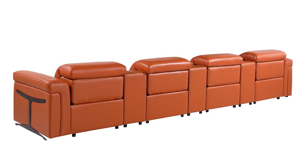 166" Beige Top Grain Leather Reclining Metal USB Sofa