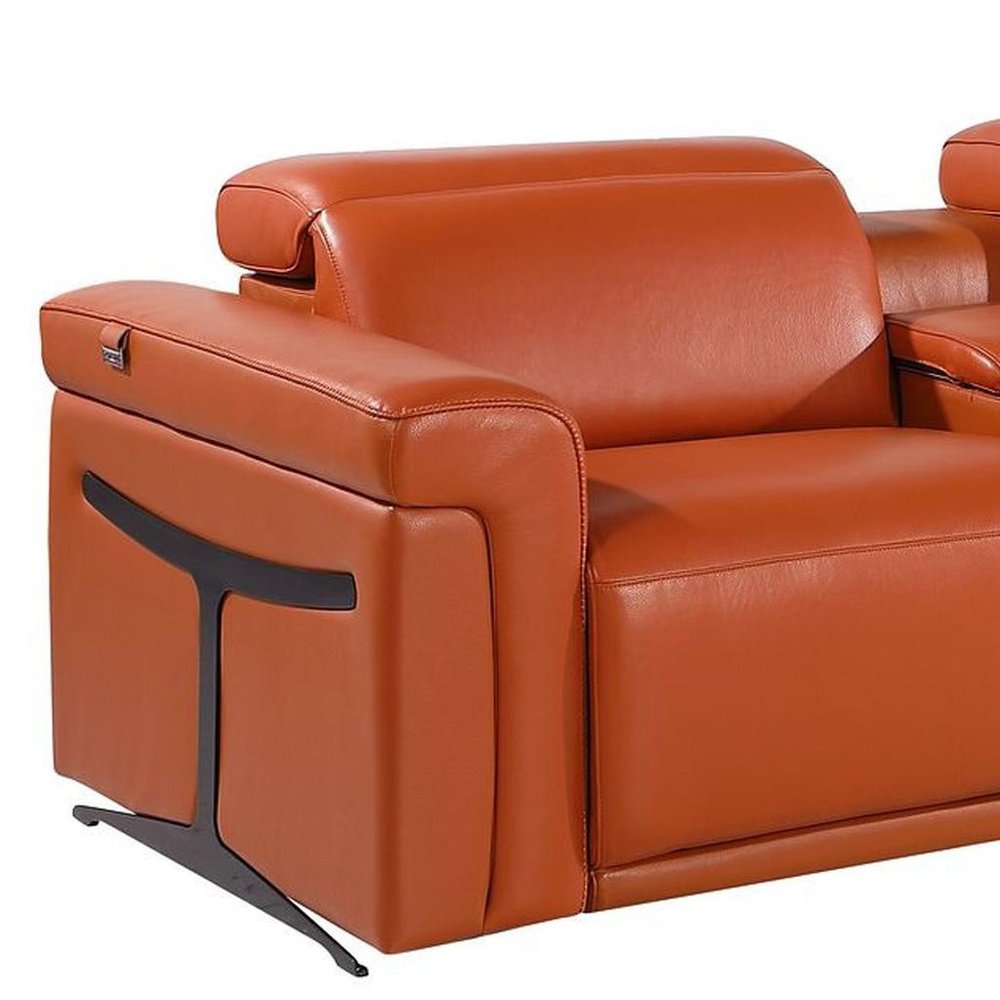 166" Beige Top Grain Leather Reclining Metal USB Sofa