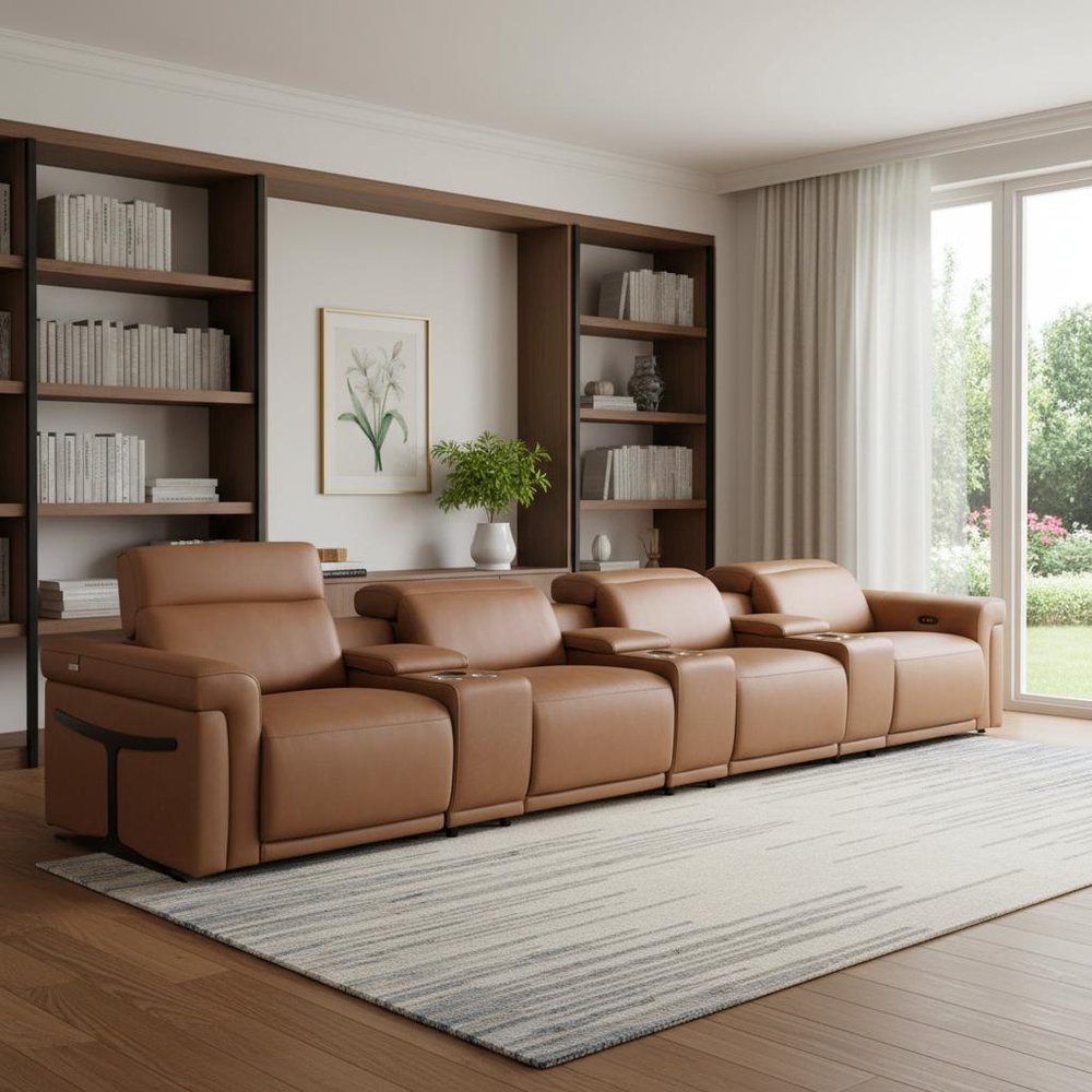 166" Beige Top Grain Leather Reclining Metal USB Sofa