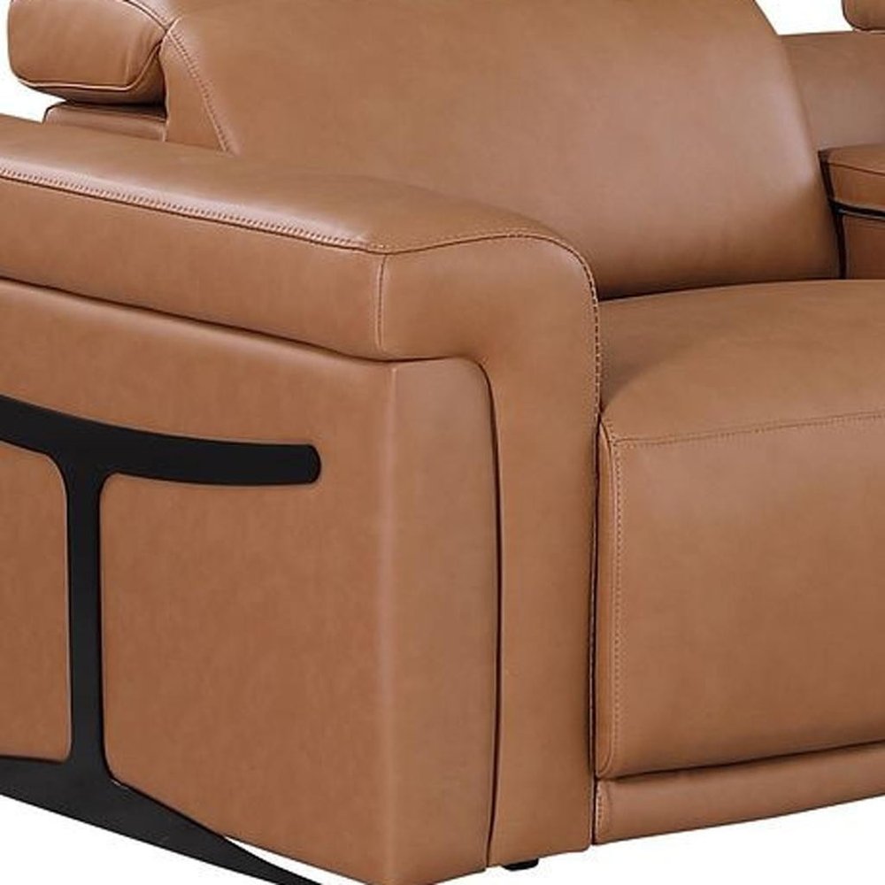 166" Beige Top Grain Leather Reclining Metal USB Sofa