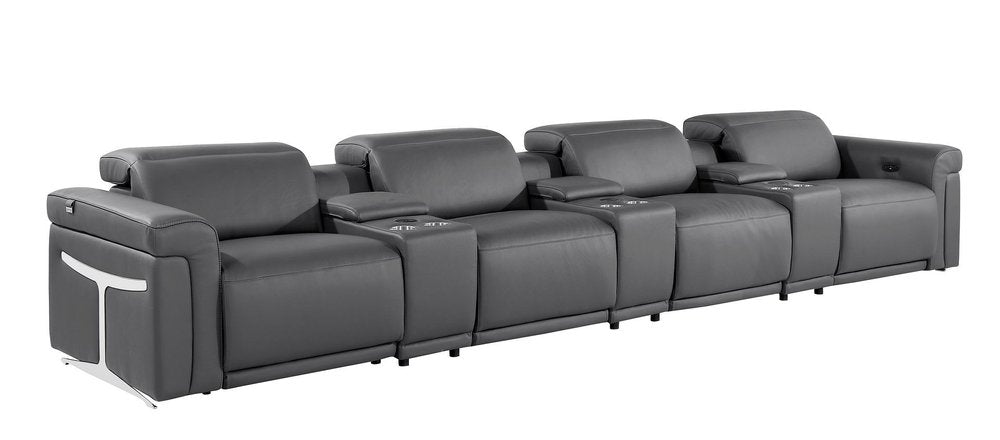 166" Beige Top Grain Leather Reclining Metal USB Sofa
