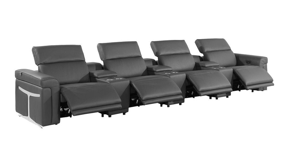 166" Beige Top Grain Leather Reclining Metal USB Sofa