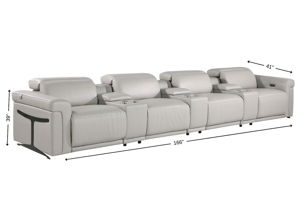166" Beige Top Grain Leather Reclining Metal USB Sofa