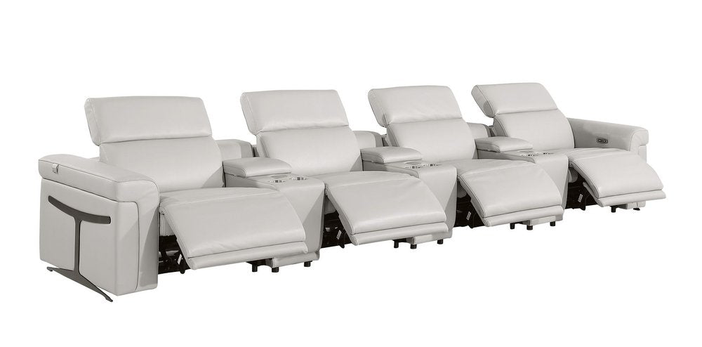 166" Beige Top Grain Leather Reclining Metal USB Sofa