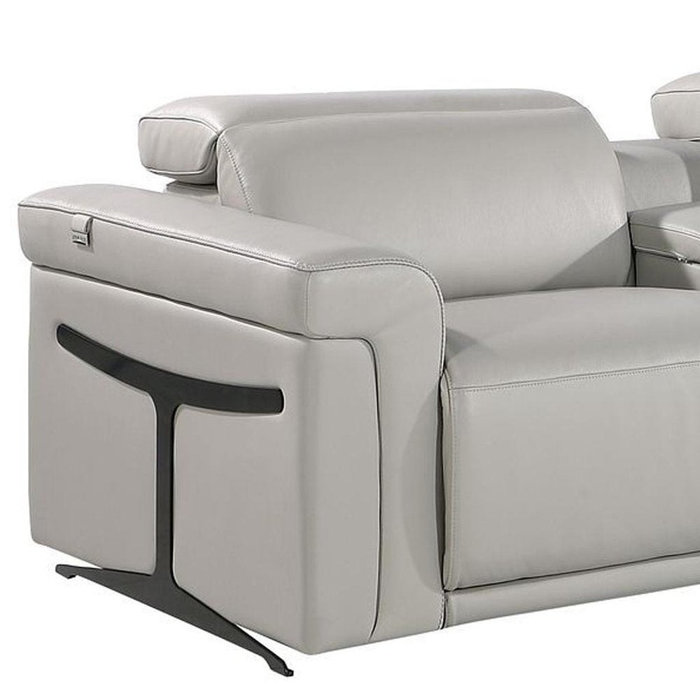 166" Beige Top Grain Leather Reclining Metal USB Sofa