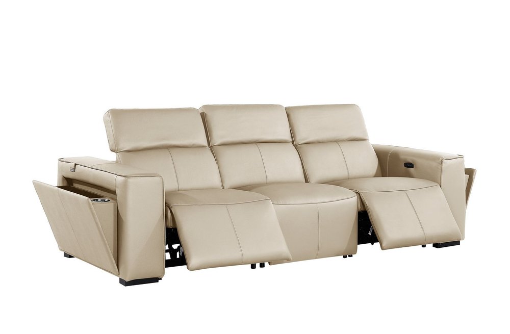 104" Beige Top Grain Leather Reclining Metal USB Sofa