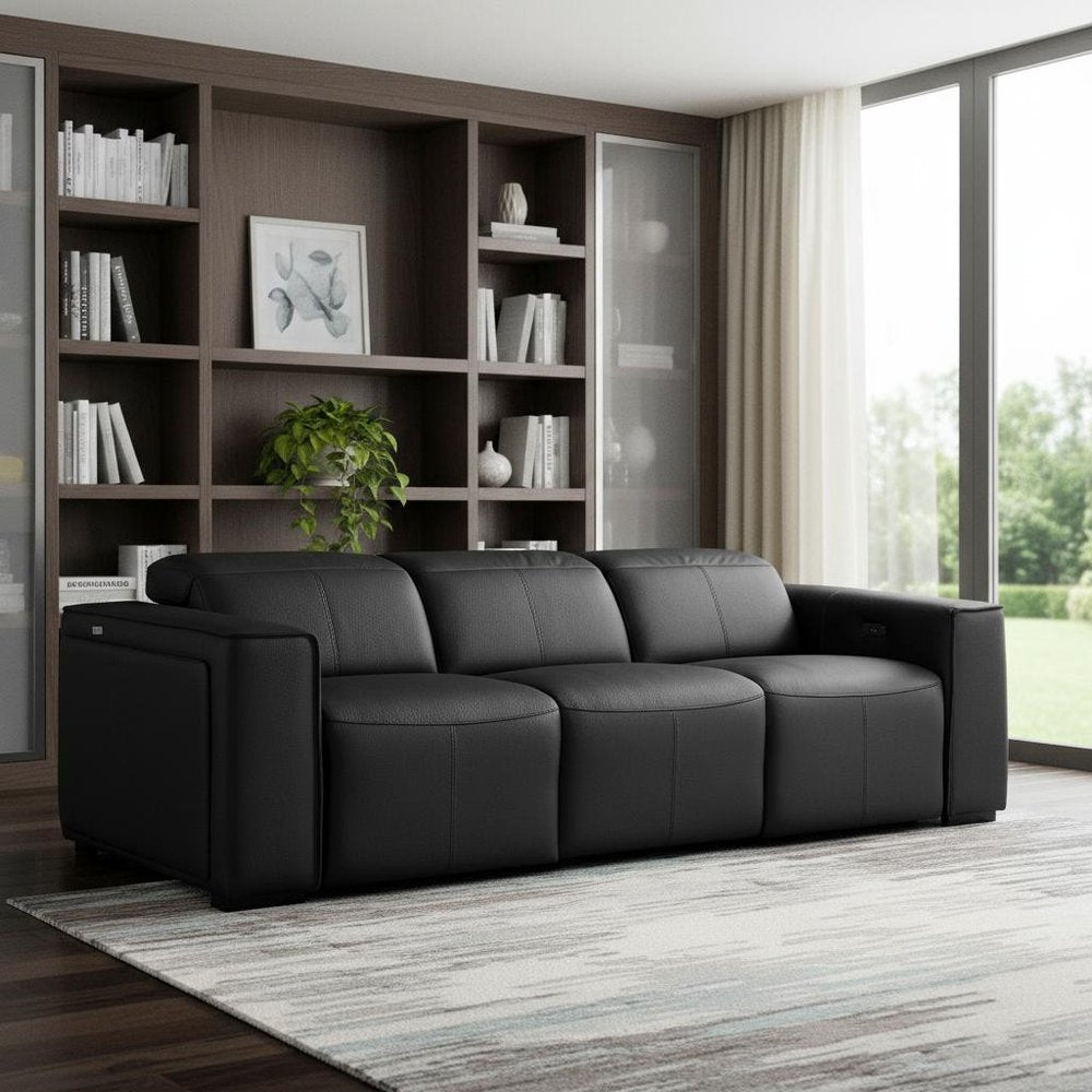 104" Beige Top Grain Leather Reclining Metal USB Sofa