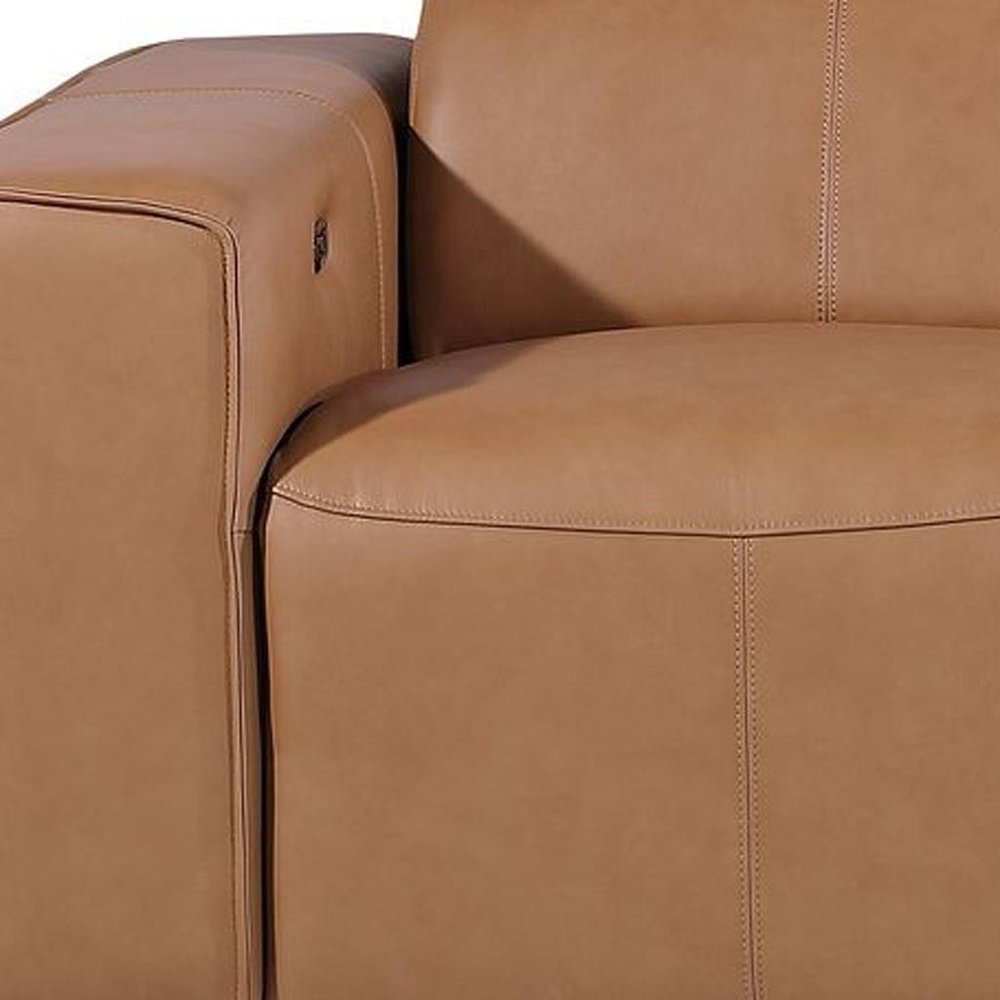 104" Beige Top Grain Leather Reclining Metal USB Sofa