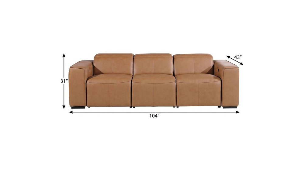 104" Beige Top Grain Leather Reclining Metal USB Sofa