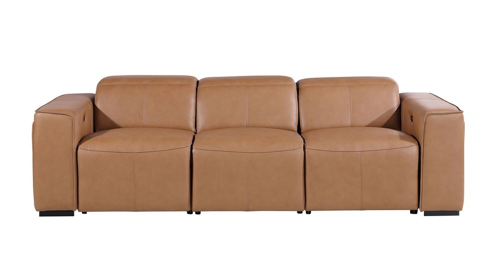 104" Beige Top Grain Leather Reclining Metal USB Sofa
