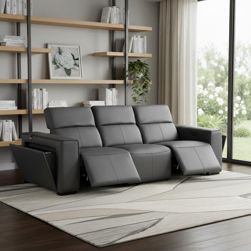 104" Beige Top Grain Leather Reclining Metal USB Sofa