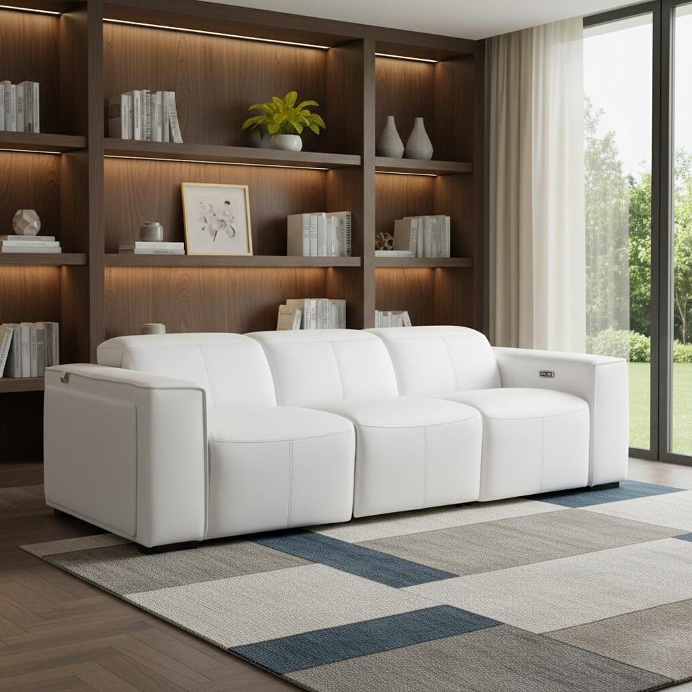 104" Beige Top Grain Leather Reclining Metal USB Sofa