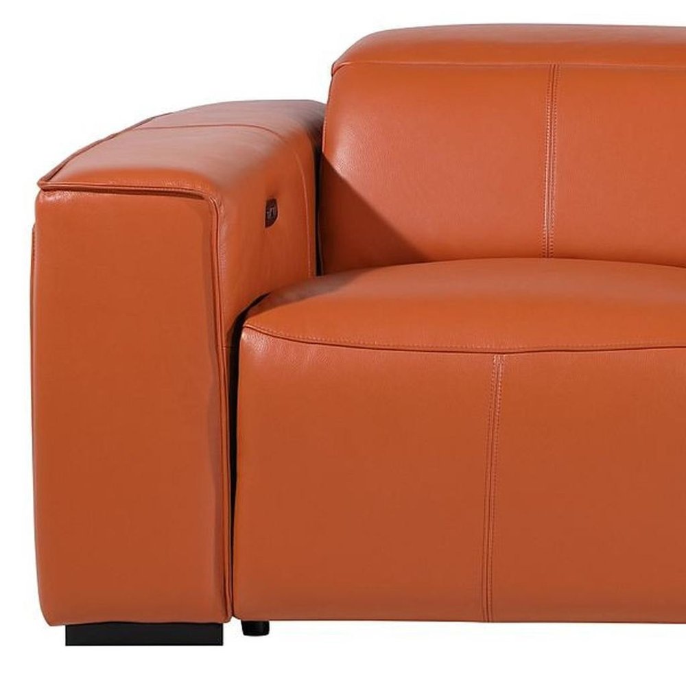 104" Beige Top Grain Leather Reclining Metal USB Sofa